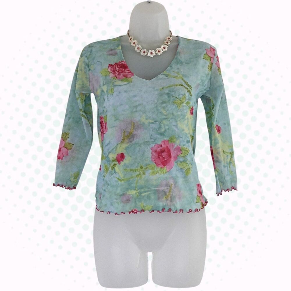 Vintage Y2K Therapy Cheryl Taylor Blue & Pink Floral 3/4 Sleeve Mesh Top Size PS